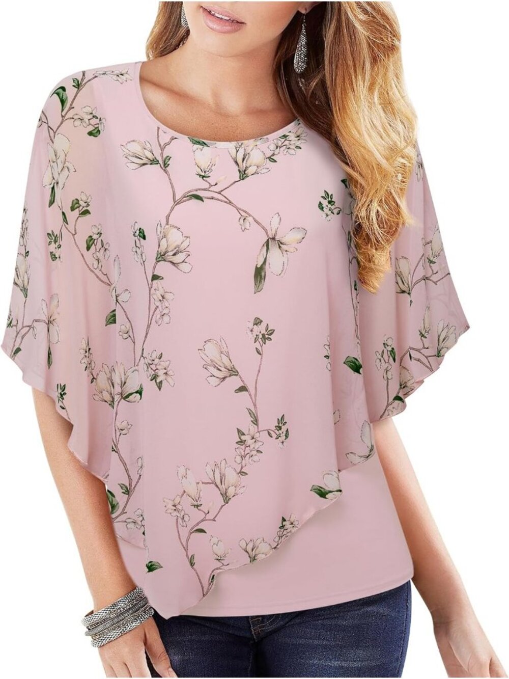 Women's Floral Pink Elegant Lightweight Flowy Shirt Double Layered Printed Top